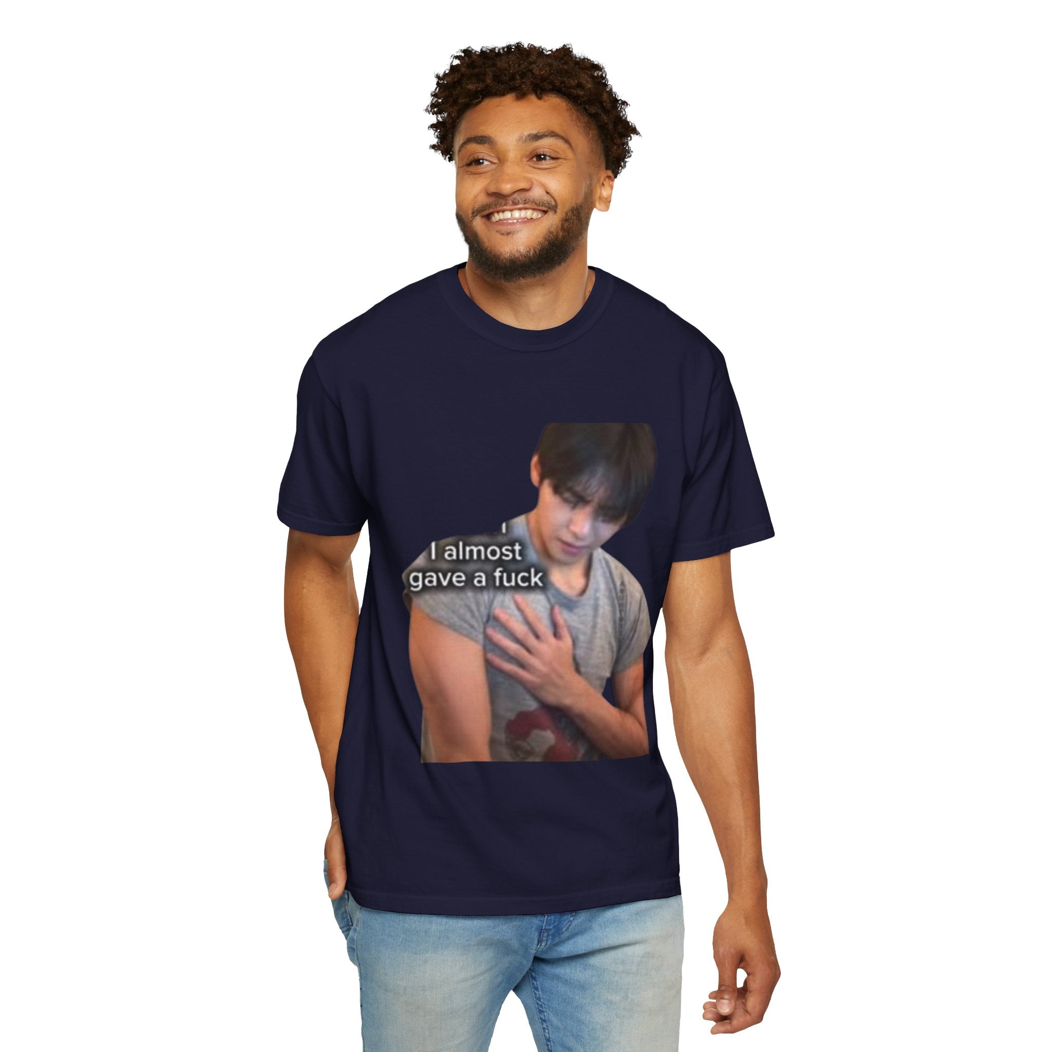 T-Shirt — 'I Almost Gave a F***' Meme Graphic Tee (Front Photo, Back "LOOK DIFFERENT")