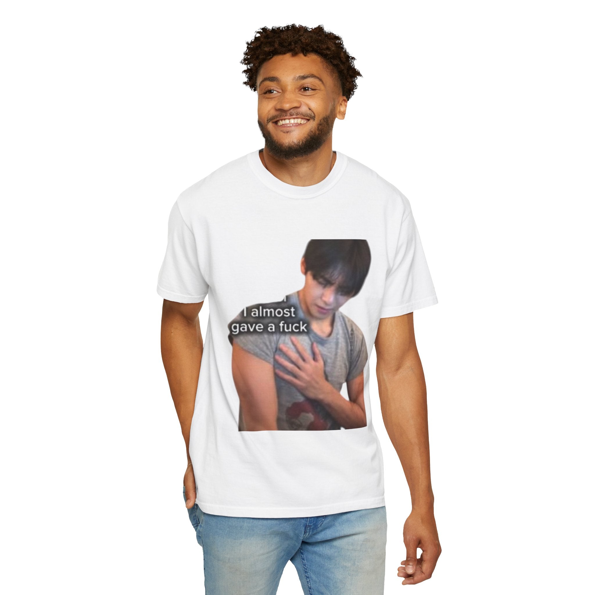 T-Shirt — 'I Almost Gave a F***' Meme Graphic Tee (Front Photo, Back "LOOK DIFFERENT")