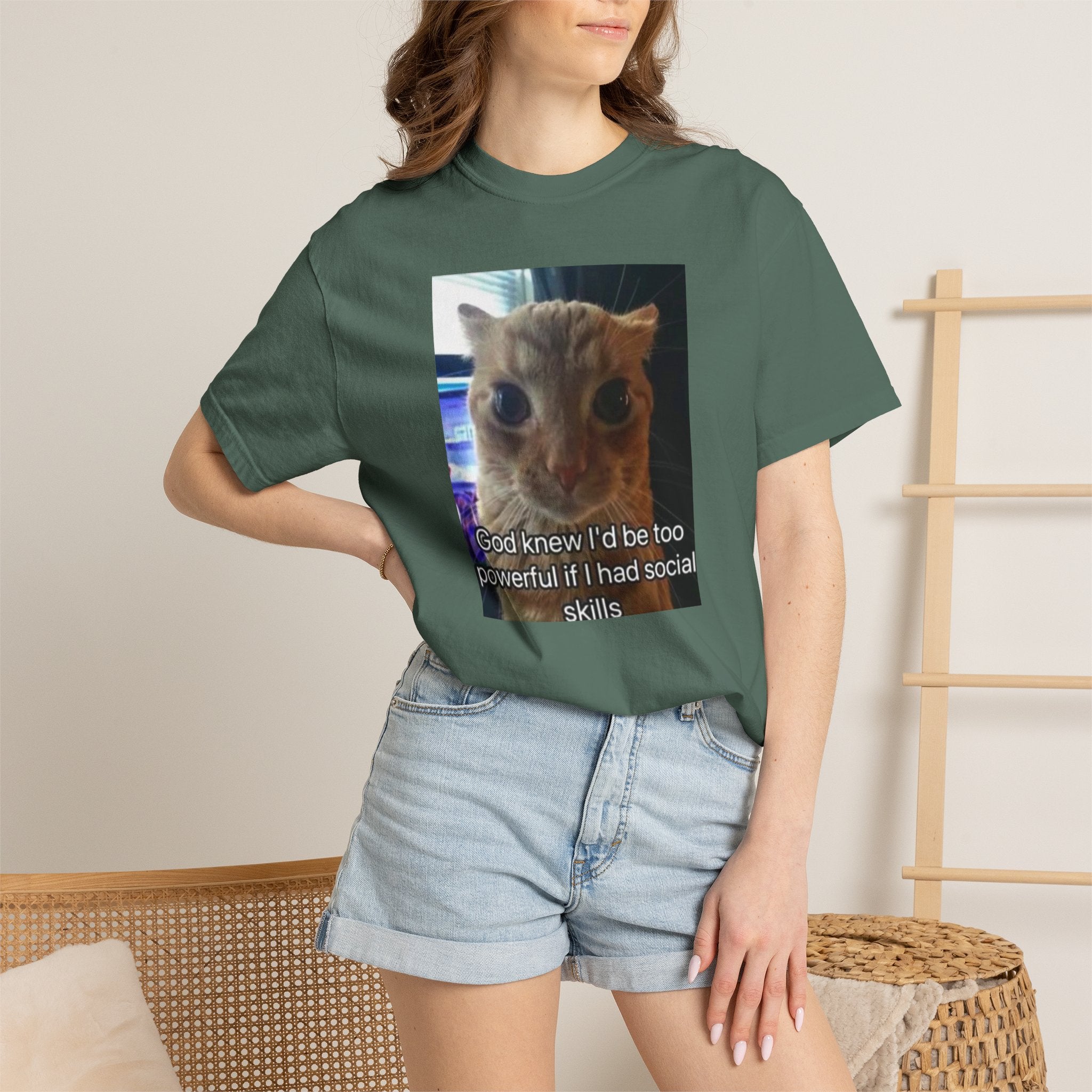 Cat Meme Graphic T-Shirt — "God knew I'd be too powerful if I had social skills" | Look Different Back Print