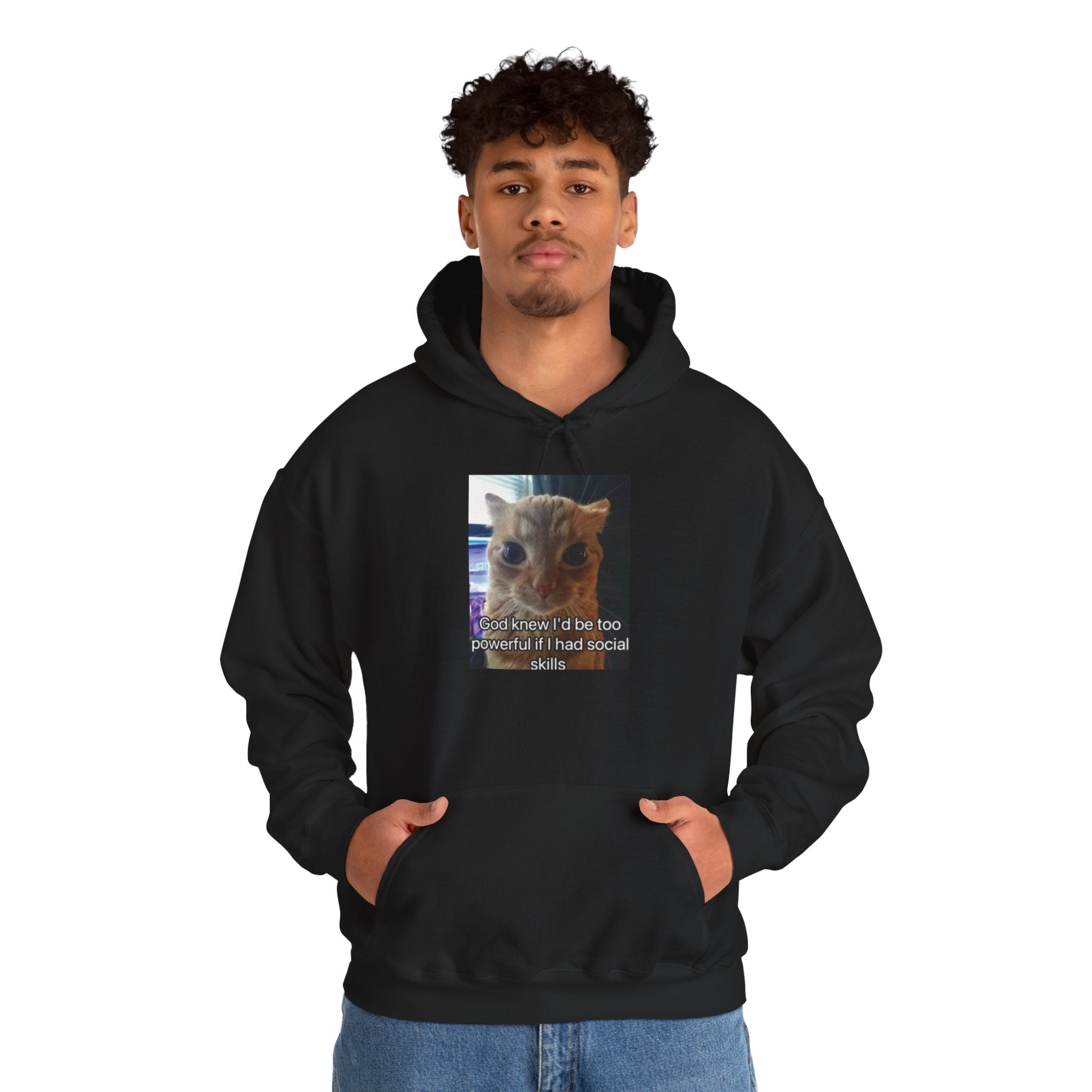 Hoodie — Funny Cat Meme ‘I’d Be Two Weeks Ahead If I Had Social Skills’ (Look Different Back)