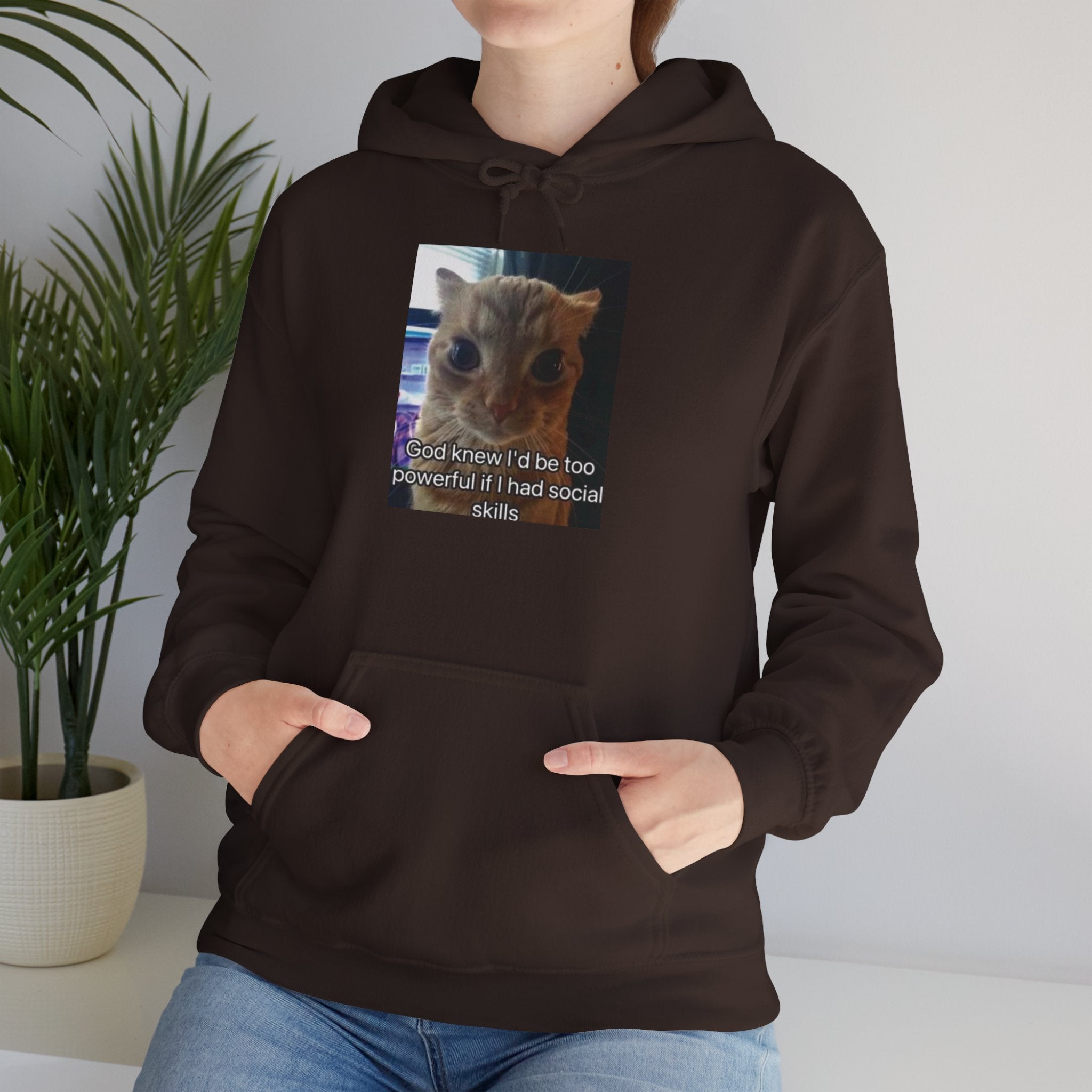 Hoodie — Funny Cat Meme ‘I’d Be Two Weeks Ahead If I Had Social Skills’ (Look Different Back)