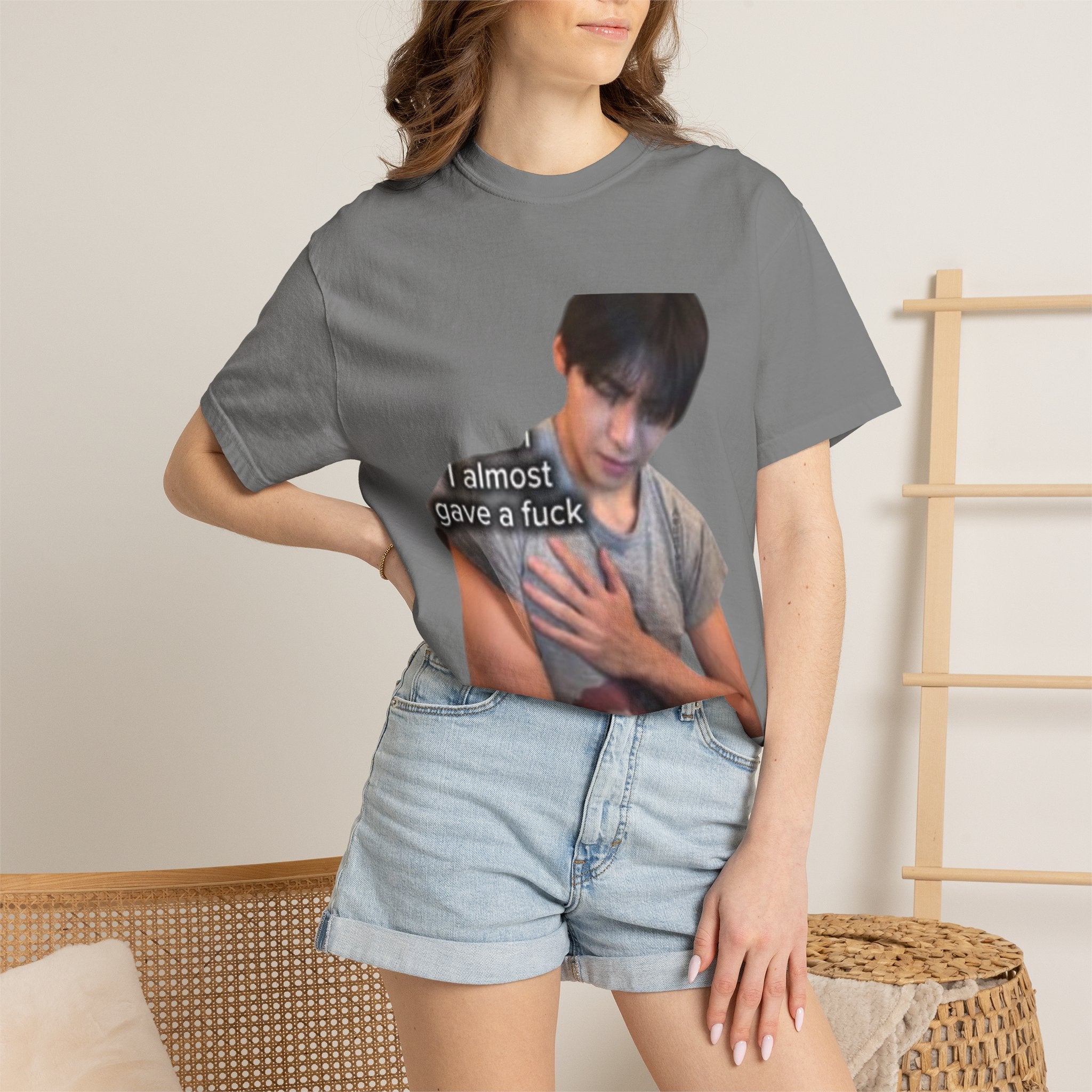 T-Shirt — 'I Almost Gave a F***' Meme Graphic Tee (Front Photo, Back "LOOK DIFFERENT")