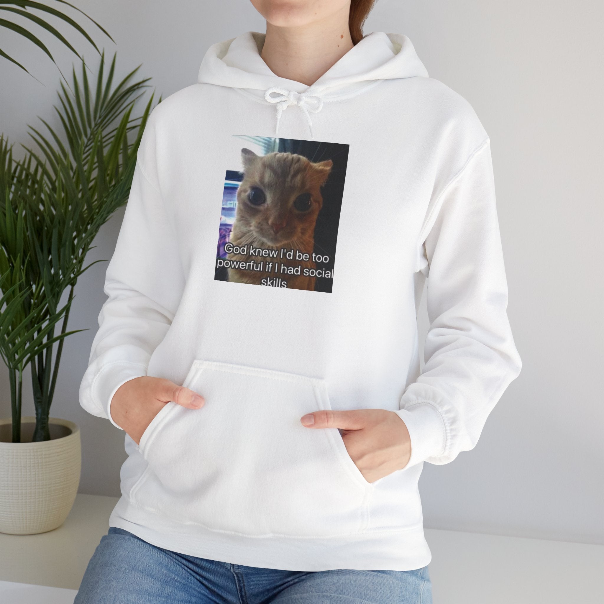 Hoodie — Funny Cat Meme ‘I’d Be Two Weeks Ahead If I Had Social Skills’ (Look Different Back)